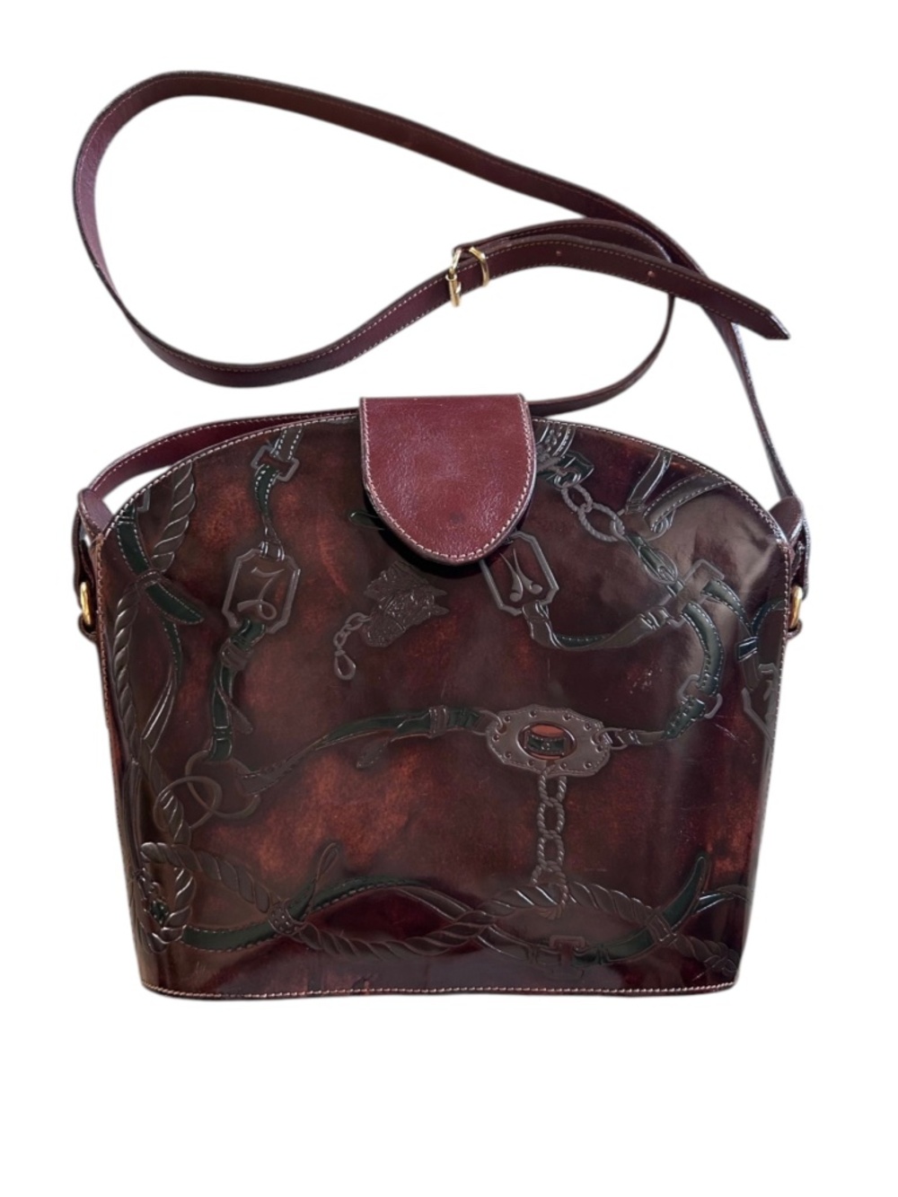 Vintage Italian Tooled Leather Equestrian Motif Crossbody Bag